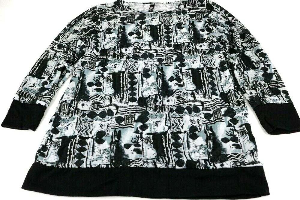 Diva D Black & White Abstract Print Long Sleeve Blouse Women's Size L/XL
